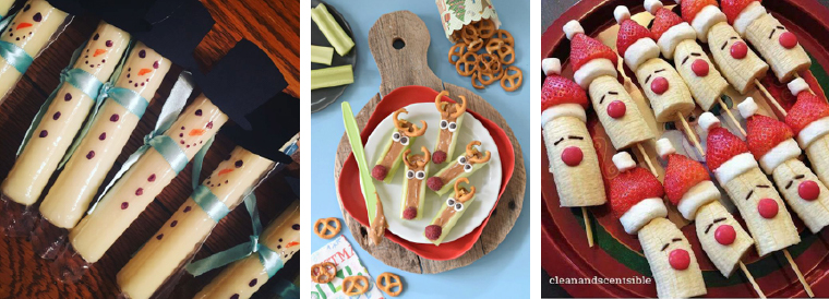 Snowman String Cheese, Reindeer Celery Stick and Banana Elves