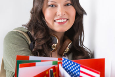 Woman holding flags of the world