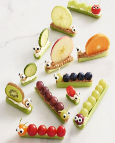 Ants, snails and caterpillars made from fruits and vegetables